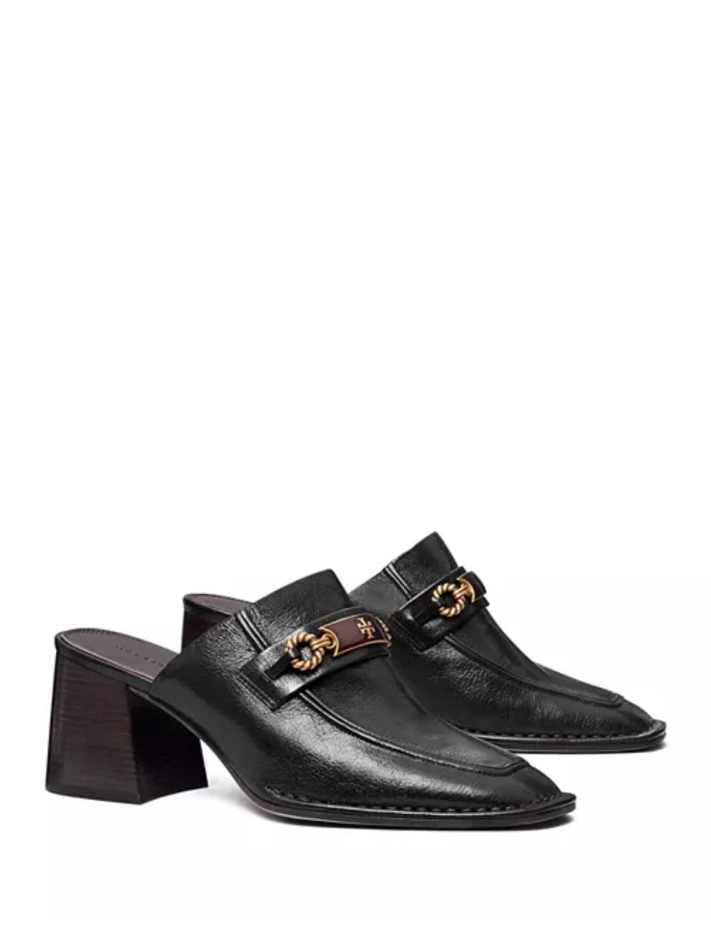 Tory Burch Perrine Black Leather Logo-Trim Block Heel Mules